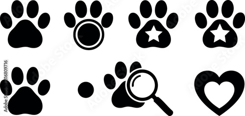 Black paw prints with heart and magnifying glass icons simple vector illustration design