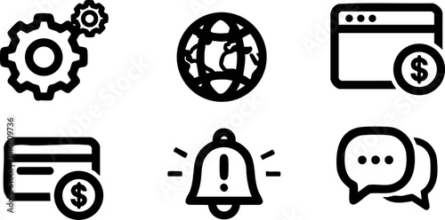 Set of black business icons with gear globe credit card alert and chat symbols vector illustration