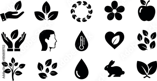 Nature and ecology vector icons with leaves plant flower heart apple rabbit and water drop symbols illustration