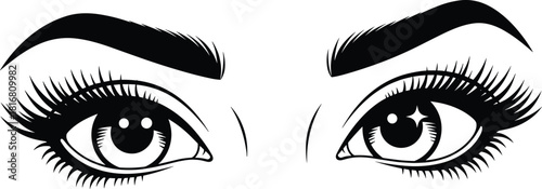 Stylized eye illustration, bold lashes, arched brows, expressive gaze, symmetrical design, black and white sketch, fashion art, makeup concept