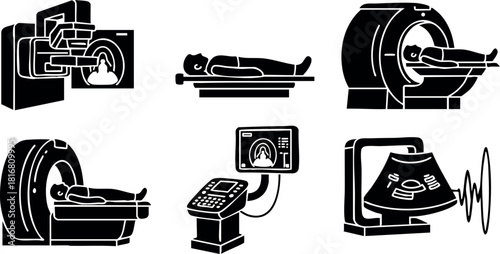 Medical imaging equipment vector set with patient scans and diagnostic technology illustrations