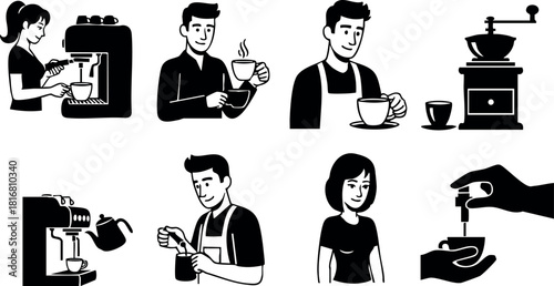 Coffee preparation process illustration with barista using coffee machine and grinder vector icons