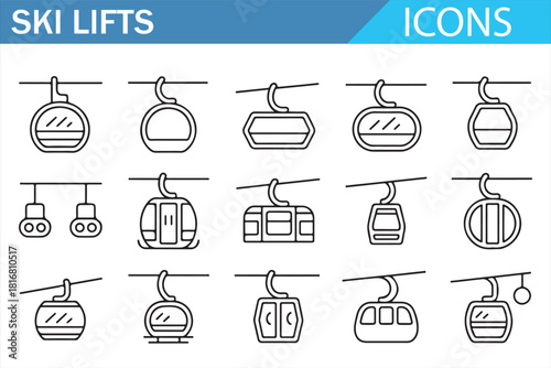 Aerial lift and ropeway line icons suitable for winter sports and tourism graphics