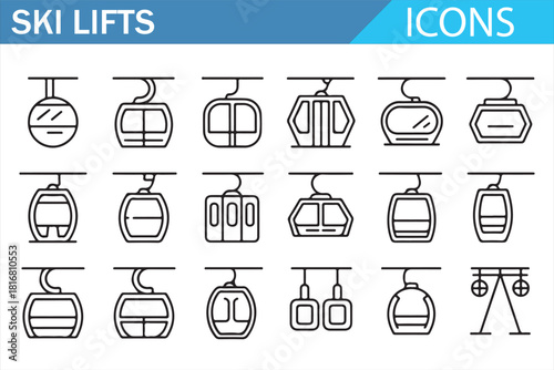Gondola and ski lift schematic icons for mountain travel and resort planning