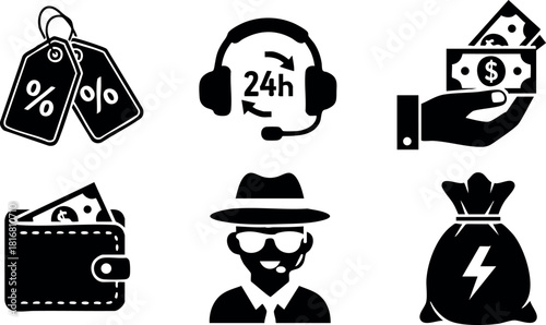 Money discount tags customer service wallet anonymous man thief sack vector illustration