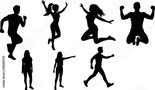 Silhouettes of people running jumping and dancing in various active poses vector illustration
