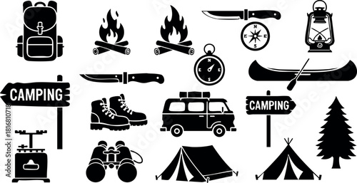 Camping outdoor adventure icons set with tent fire knife compass backpack canoe boots binoculars and van vector illustration
