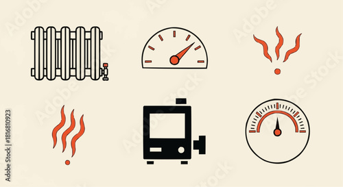 Minimalist Vector Icons for Heating Systems, Temperature Control, and Thermal Comfort, Showcasing Radiators, Boilers, and Heat Indicators