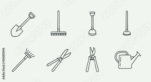Gardening Tools Line Art Icons Shovel, Rake, Shears, Watering Can