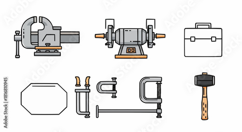 A detailed vector collection of industrial workshop tools and equipment icons, including a vise, grinder, and various clamps img_n8190p_fx