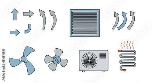 Collection of HVAC and ventilation icons representing airflow, fans, and air conditioning units for industrial and home use