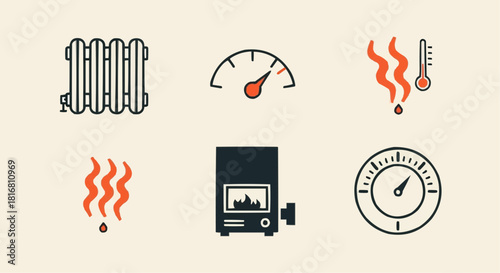 A vector icon set representing heating systems and temperature regulation, featuring a radiator, furnace, thermometer, and pressure gauges for climate control concepts
