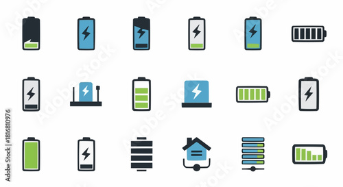 Diverse Battery Icons Charging and Power Concepts for Digital Devices and Energy Efficiency