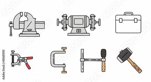 A versatile collection of essential workshop tools, featuring various hand tools and sturdy equipment like vises, grinders, clamps, and hammers, ideal for construction, repair, and DIY projects