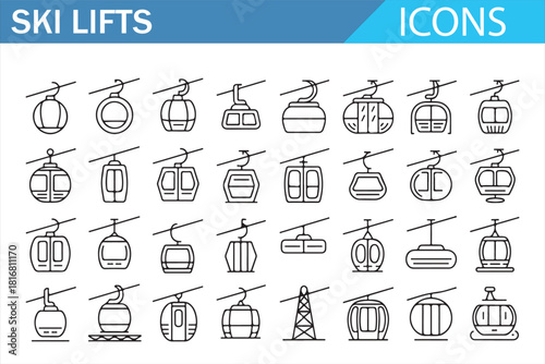 Ski lift icon set featuring gondolas, cable cars, chairlifts, ropeways, and mountain transport cabins in clean modern line style for winter sports resorts, alpine transportation, and ski infrastructur
