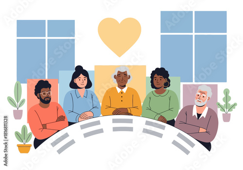 Diverse group of people gathered around a table symbolizing community, support, and unity.