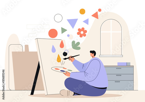 Artist painting on canvas, expressing imagination with colorful abstract shapes in a studio.