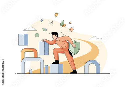 Man with a protective shield climbing obstacles toward success and career security goals.