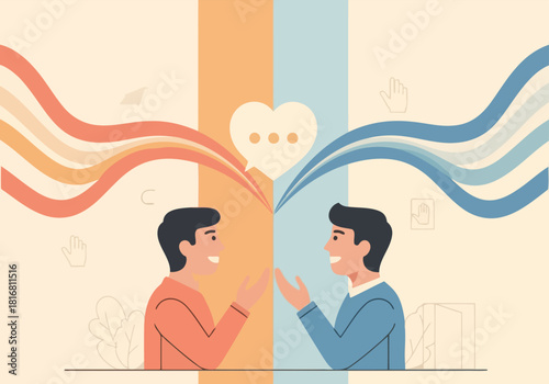 Two smiling men successfully communicate and connect their ideas across a stylized barrier.