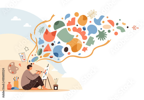 Artist painting on an easel as colorful abstract shapes represent imagination and creativity flowing out.
