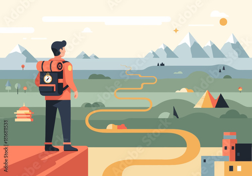 Adventurer with a backpack looks across a winding path toward snow-capped mountains and ancient landmarks.