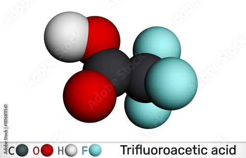 Trifluoroacetic acid, TFA molecule. strong halogenated organic acid and laboratory reagent. Molecular model. 3D rendering. Illustration