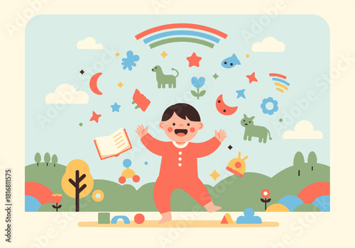 Joyful toddler surrounded by floating animals and educational toys in a playful landscape.