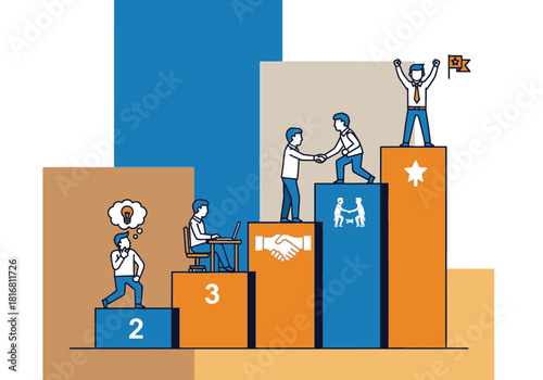Vector illustration of business success steps: planning, development, collaboration, and ultimate achievement.