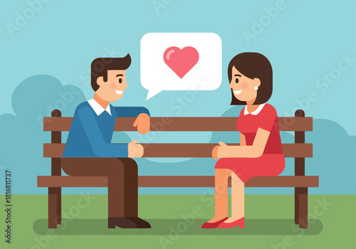 Smiling young couple sitting on park bench talking about love.