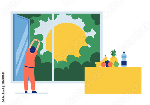 Daily morning routine showing a person stretching, focused on fitness and healthy eating.