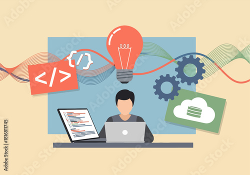Flat vector illustration of a programmer working on software development, surrounded by IT conceptual icons.