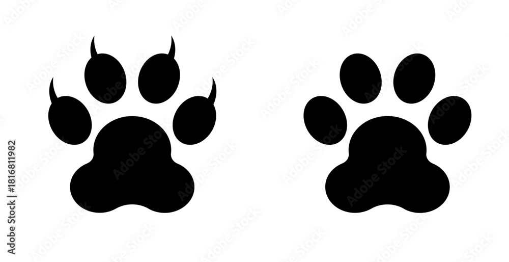 Fototapeta premium Black animal paw print icons showing clawed and clawless variations in a simple vector silhouette design, isolated on a white background, suitable for pet care, wildlife themes and animal tracking.