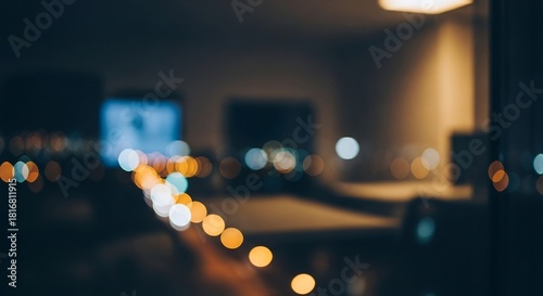 Defocused urban city lights creating a beautiful bokeh effect, viewed from a dark room with a glowing screen in the background at night
