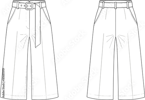 Wide-leg trousers sketch, front and back view, pleated design, high waist, belt detail, technical illustration, garment template, fashion drawing