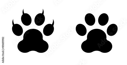 Black animal paw print icons showing clawed and clawless variations in a simple vector silhouette design, isolated on a white background, suitable for pet care, wildlife themes and animal tracking.