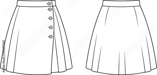 Skirt fashion sketch, pleated and button styles, technical illustration, garment design, stylish apparel, sewing template, clothing pattern, fashion drawing