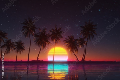 Vintage Tone Neon Palm Tree Silhouette on a Futuristic Beach