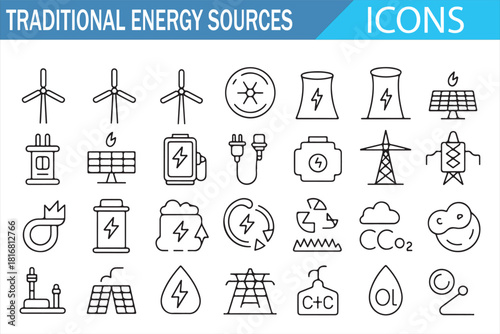 Modern thin-line icons illustrating diverse traditional energy and power sources