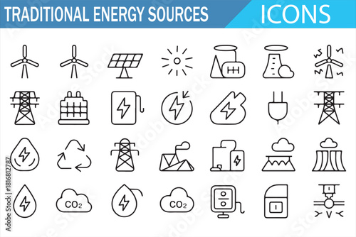 Energy sector icon pack showing power plants, grids, emission levels, and fuel types