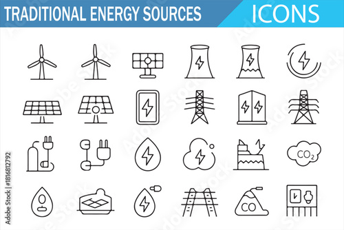 Outline icons for traditional electricity generation and environmental impact symbols