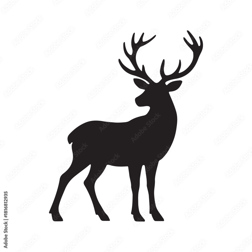 Obraz premium Standing stag with large antlers silhouette vector on white background