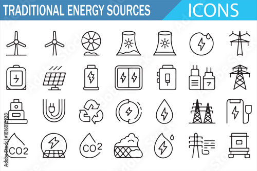 Clean outline icon set of energy generation, power plants, emissions, and fuel systems