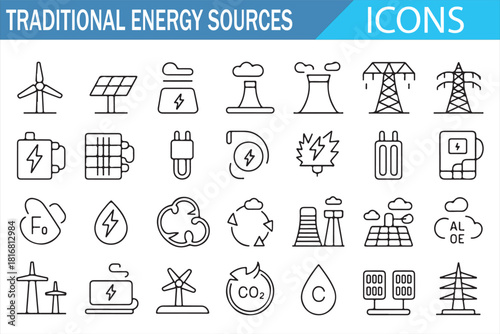 Traditional energy production line icons including nuclear, oil, gas, and electricity sources