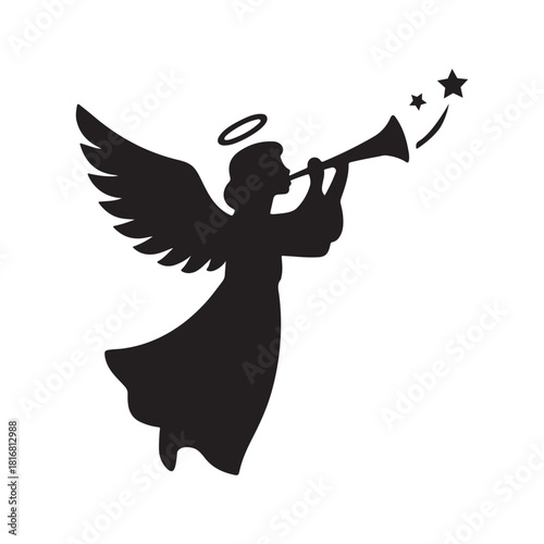 Angel blowing a trumpet with wide wings, halo, and stars silhouette vector icon on white background