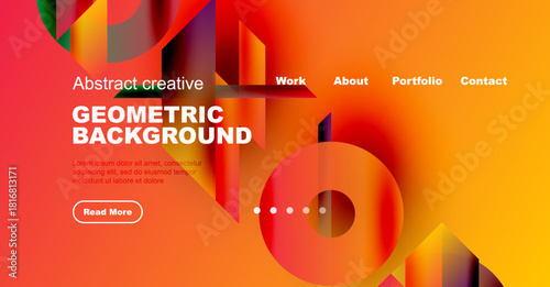 Vibrant geometric background features colorful shapes, text, navigation menu, button. Modern design promotes creativity, information access.