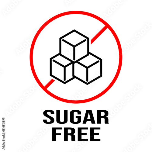 Icon featuring sugar cubes with a red prohibition circle, and "Sugar Free" text, symbolizing no added sugar in products, ideal for health, nutrition, or dietary-related digital design