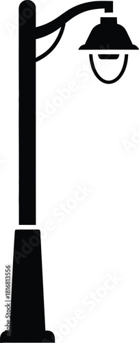 A simple black silhouette of a classic street lamp post with a curved arm and a bell shaped lantern against a plain white background