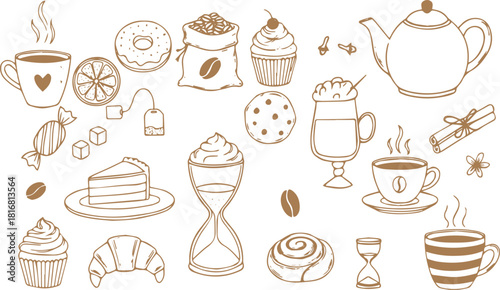 Whimsical breakfast doodles. Vintage hand drawn icons with la dole vita aesthetic in simple crayon and sketch style. Trendy art for menus and dinner brunch invitations. Outline vector illustration st