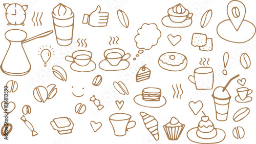 Whimsical breakfast doodles. Vintage hand drawn icons with la dole vita aesthetic in simple crayon and sketch style. Trendy art for menus and dinner brunch invitations. Outline vector illustration st