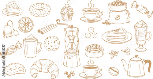 Whimsical breakfast doodles. Vintage hand drawn icons with la dole vita aesthetic in simple crayon and sketch style. Trendy art for menus and dinner brunch invitations. Outline vector illustration st